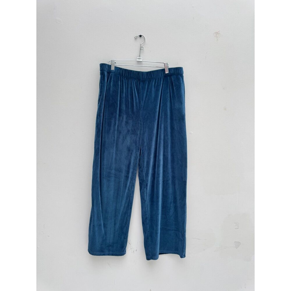 Jaclyn New York Wide Leg Velour Pants XL Blue Ribbed Elastic Waist Pull On